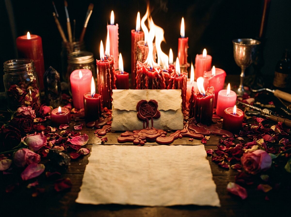 Example of an artistic altar keepsake with candles and a name card