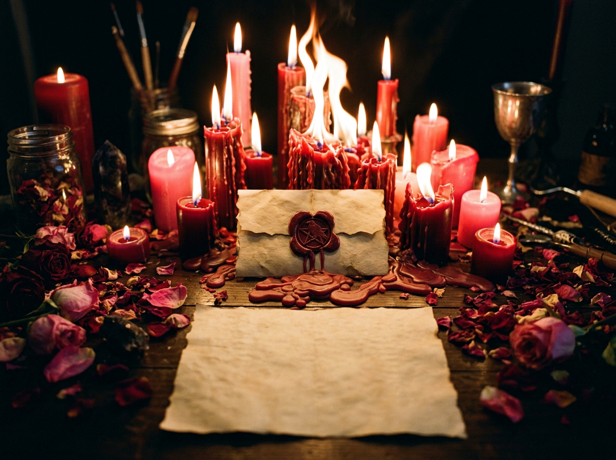 Example of an artistic altar keepsake with candles and a name card